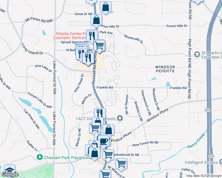 map of restaurants, bars, coffee shops, grocery stores, and more near 247 Franklin Road in Sandy Springs