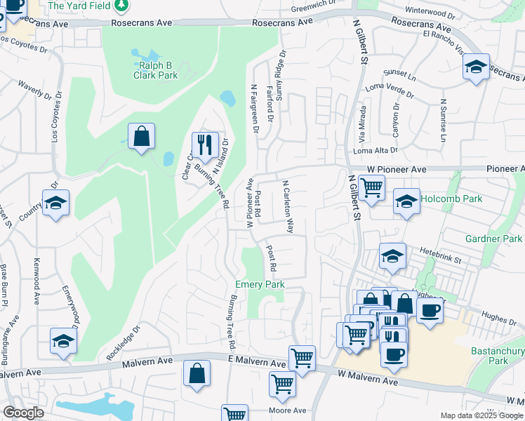 map of restaurants, bars, coffee shops, grocery stores, and more near 1417 Post Road in Fullerton