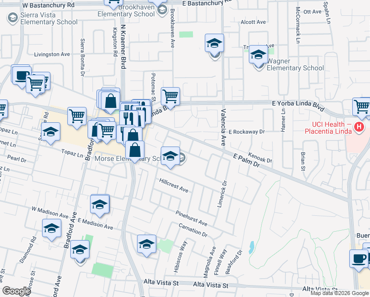 map of restaurants, bars, coffee shops, grocery stores, and more near 439 Normandy Avenue in Placentia