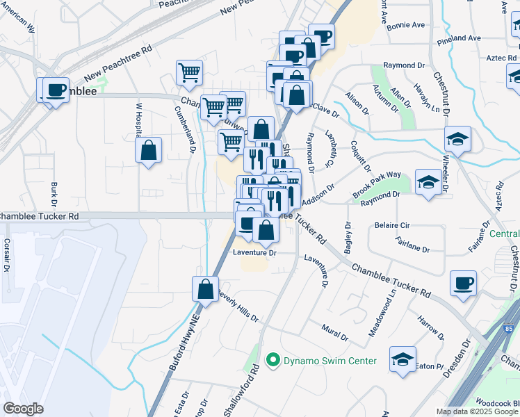 map of restaurants, bars, coffee shops, grocery stores, and more near 4949 Buford Highway Northeast in Atlanta