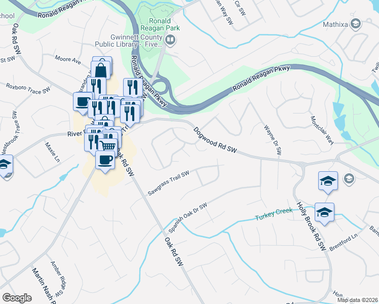 map of restaurants, bars, coffee shops, grocery stores, and more near 989 Dominion Walk Drive Southwest in Snellville