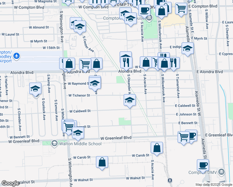 map of restaurants, bars, coffee shops, grocery stores, and more near 443 West Tichenor Street in Compton
