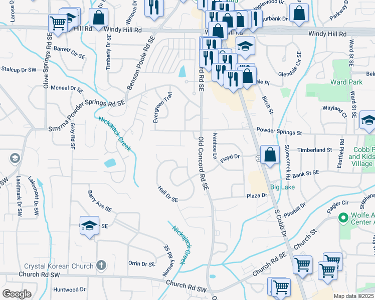 map of restaurants, bars, coffee shops, grocery stores, and more near 1007 Natalie Lane Southeast in Smyrna