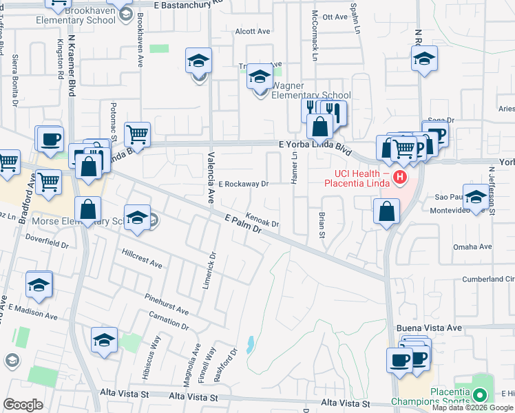 map of restaurants, bars, coffee shops, grocery stores, and more near 1393 McKenzie Drive in Placentia