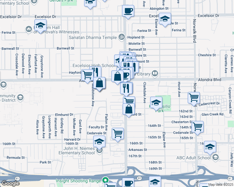 map of restaurants, bars, coffee shops, grocery stores, and more near 15926 160th Street in Norwalk