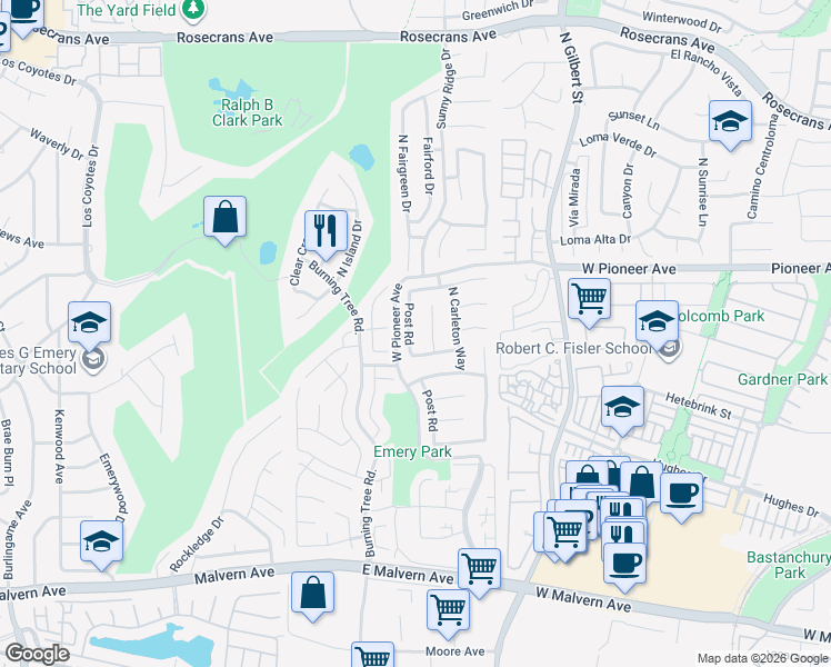 map of restaurants, bars, coffee shops, grocery stores, and more near in Fullerton