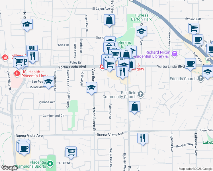 map of restaurants, bars, coffee shops, grocery stores, and more near 5130 Webb Place in Yorba Linda