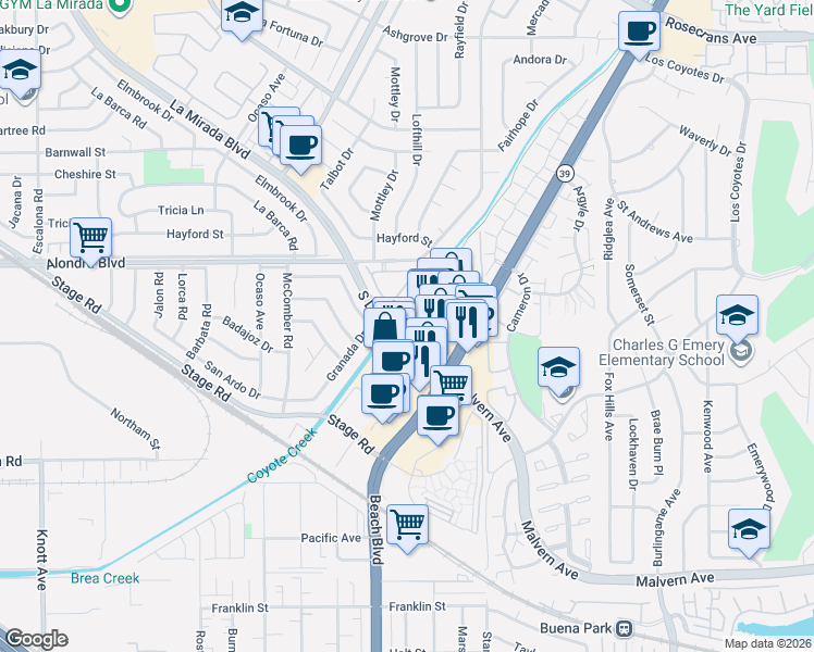 map of restaurants, bars, coffee shops, grocery stores, and more near 57 Freeman Lane in Buena Park