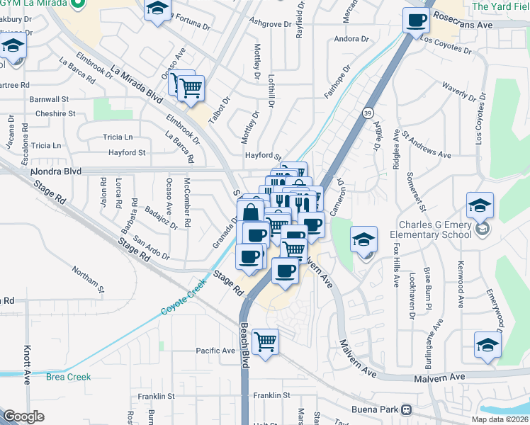map of restaurants, bars, coffee shops, grocery stores, and more near 65 Frances Circle in Buena Park