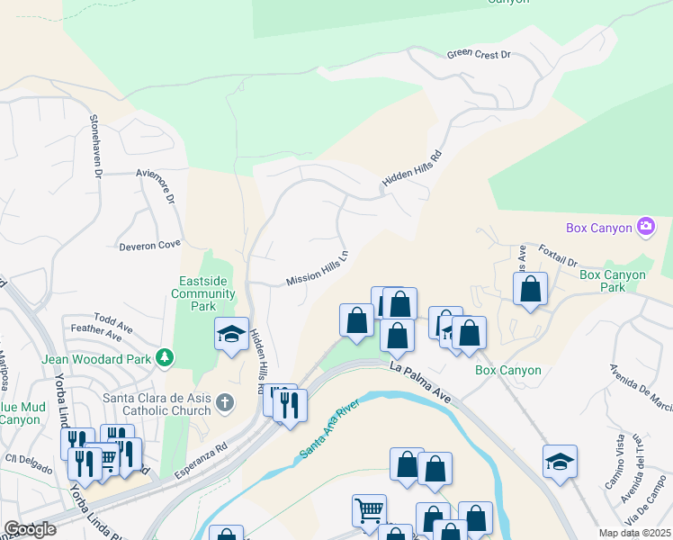 map of restaurants, bars, coffee shops, grocery stores, and more near 22414 Mission Hills Lane in Yorba Linda