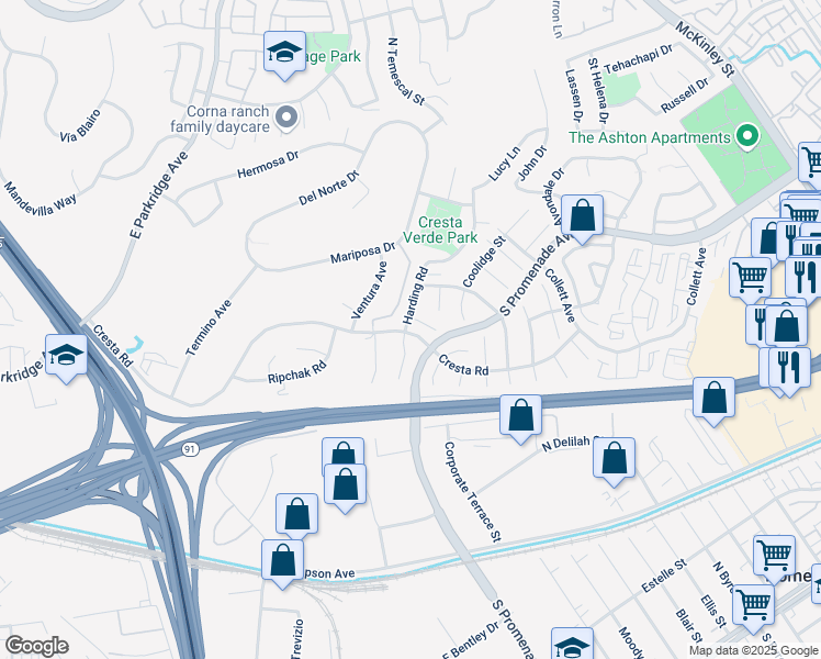 map of restaurants, bars, coffee shops, grocery stores, and more near 1601 Knox Circle in Corona