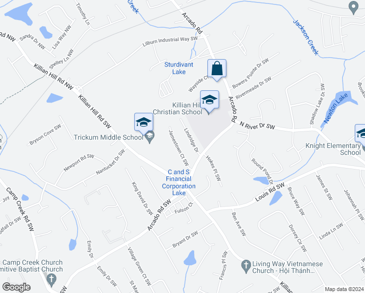 map of restaurants, bars, coffee shops, grocery stores, and more near 184 Jamestown Court Southwest in Lilburn
