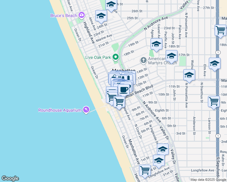 map of restaurants, bars, coffee shops, grocery stores, and more near 220 13th Street in Manhattan Beach