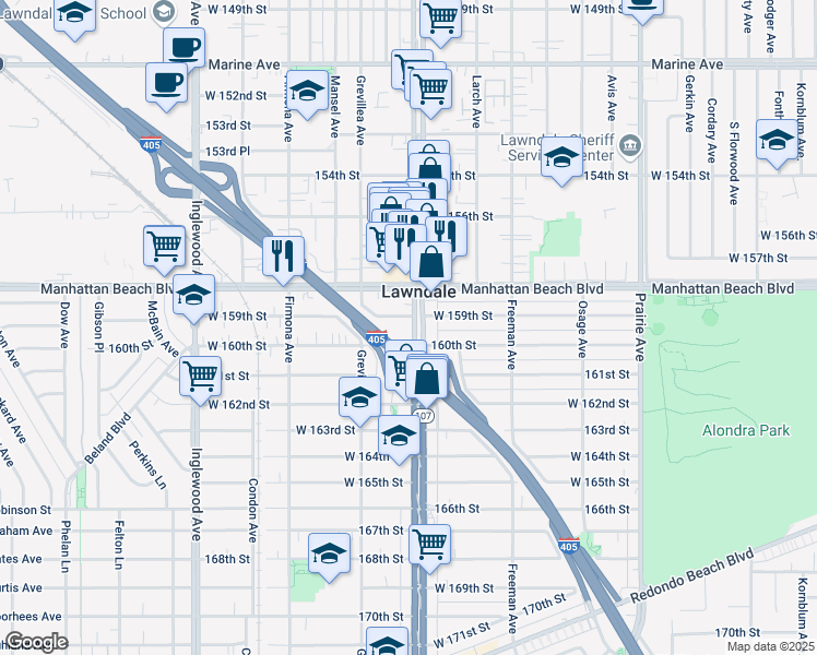 map of restaurants, bars, coffee shops, grocery stores, and more near in Lawndale