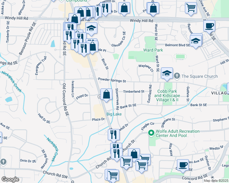 map of restaurants, bars, coffee shops, grocery stores, and more near 2766 Stonecreek Road in Smyrna