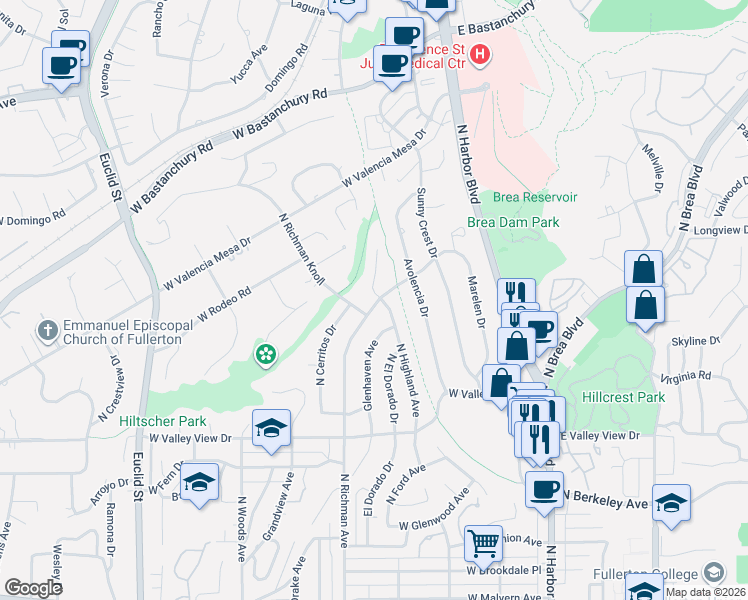 map of restaurants, bars, coffee shops, grocery stores, and more near 1205 North Richman Avenue in Fullerton