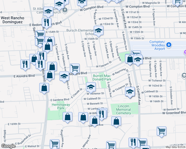 map of restaurants, bars, coffee shops, grocery stores, and more near 2641 West Alondra Boulevard in Compton
