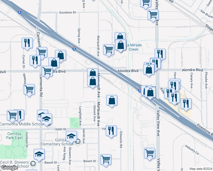 map of restaurants, bars, coffee shops, grocery stores, and more near 16028 Marquardt Avenue in Cerritos
