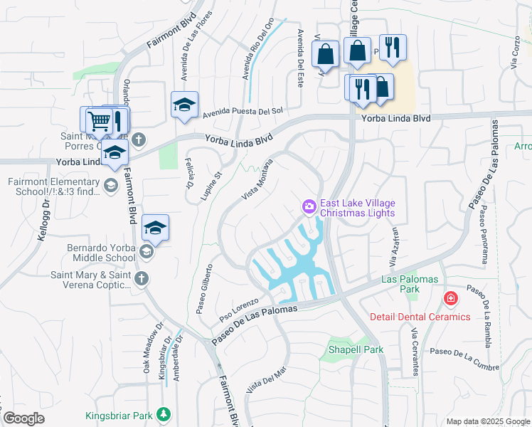 map of restaurants, bars, coffee shops, grocery stores, and more near 5241 Vía Ester in Yorba Linda