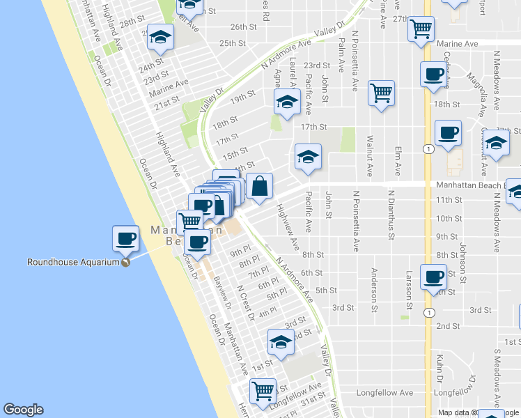 map of restaurants, bars, coffee shops, grocery stores, and more near 604 Manhattan Beach Boulevard in Manhattan Beach