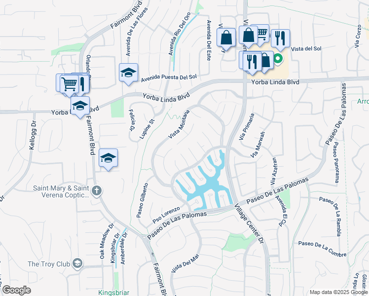 map of restaurants, bars, coffee shops, grocery stores, and more near 5241 Vía Ester in Yorba Linda
