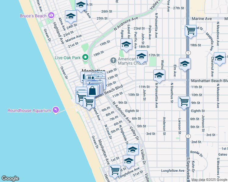 map of restaurants, bars, coffee shops, grocery stores, and more near 604 Manhattan Beach Boulevard in Manhattan Beach