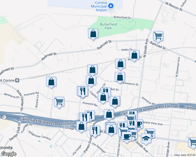 map of restaurants, bars, coffee shops, grocery stores, and more near 169 North Maple Street in Corona