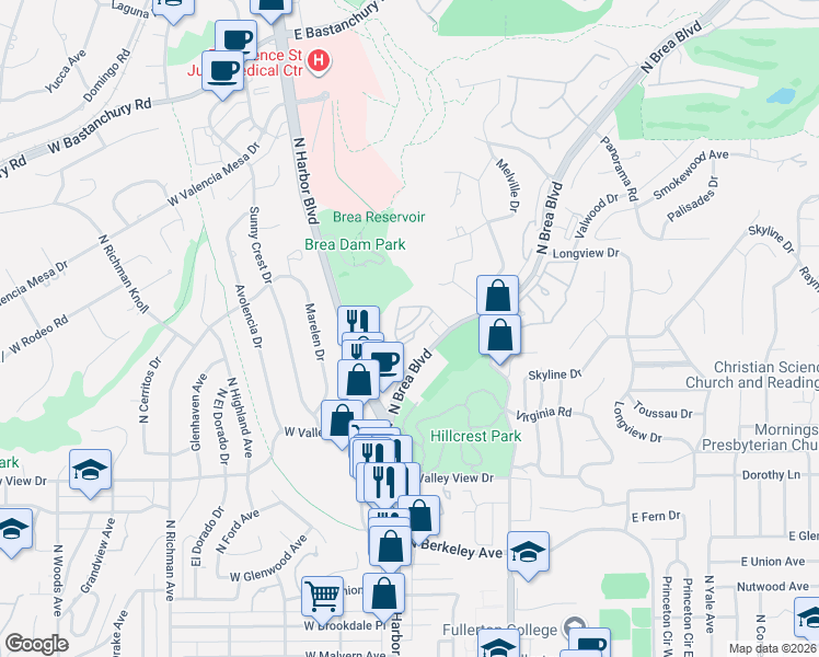 map of restaurants, bars, coffee shops, grocery stores, and more near 1418 Educators Way in Fullerton