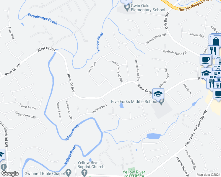 map of restaurants, bars, coffee shops, grocery stores, and more near 3353 River Drive Southwest in Lawrenceville