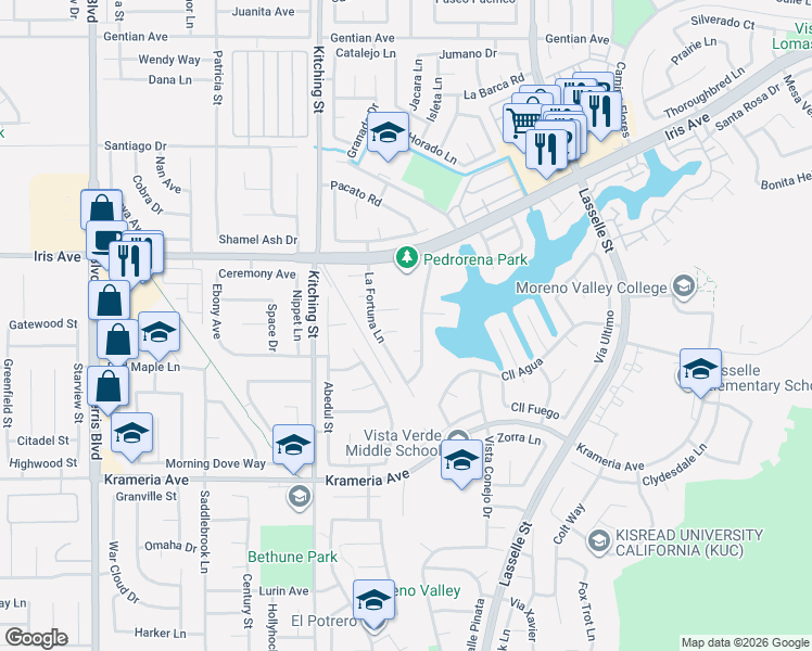 map of restaurants, bars, coffee shops, grocery stores, and more near 25647 Tonadilla Circle in Moreno Valley