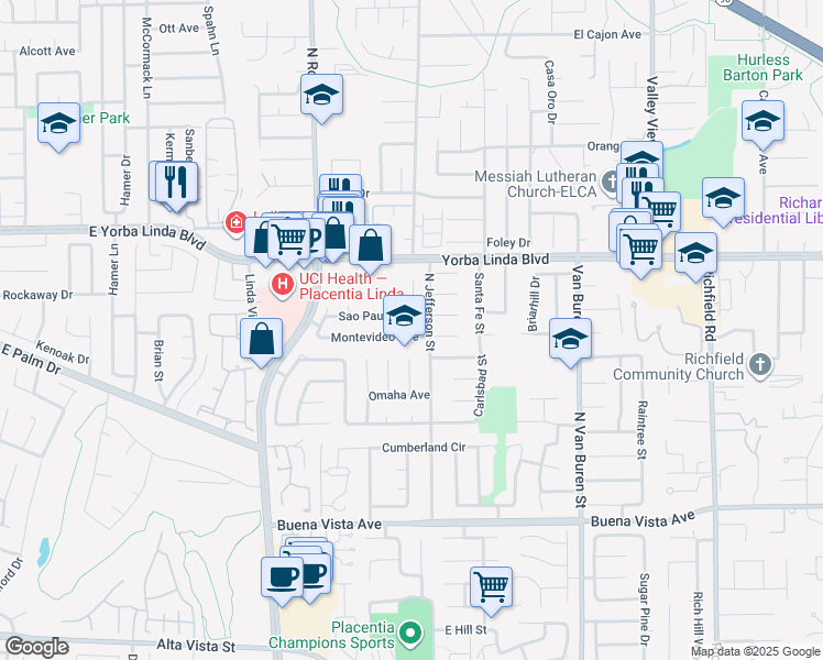 map of restaurants, bars, coffee shops, grocery stores, and more near 1343 Montevideo Avenue in Placentia