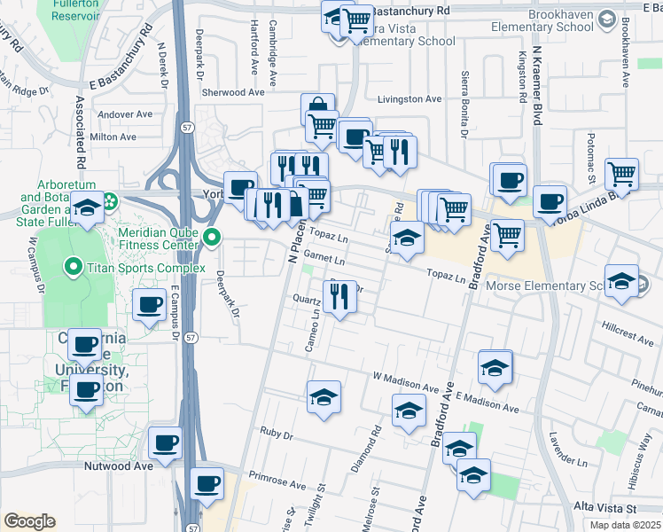 map of restaurants, bars, coffee shops, grocery stores, and more near 3061 Garnet Lane in Fullerton