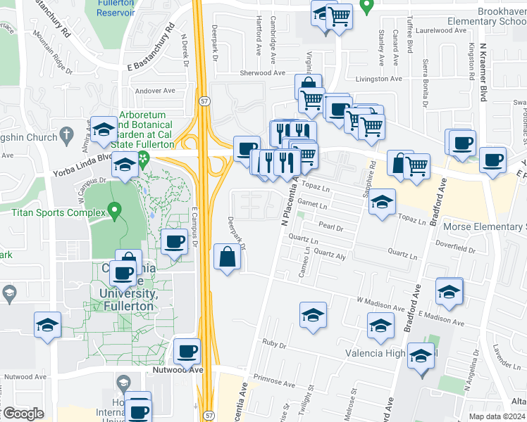 map of restaurants, bars, coffee shops, grocery stores, and more near 2921 Wellesley Court in Fullerton