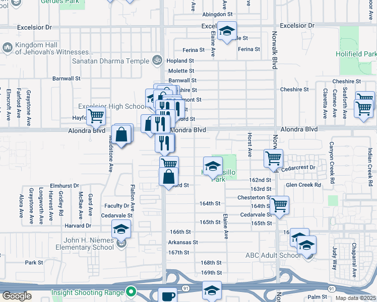 map of restaurants, bars, coffee shops, grocery stores, and more near 11873 160th Street in Norwalk