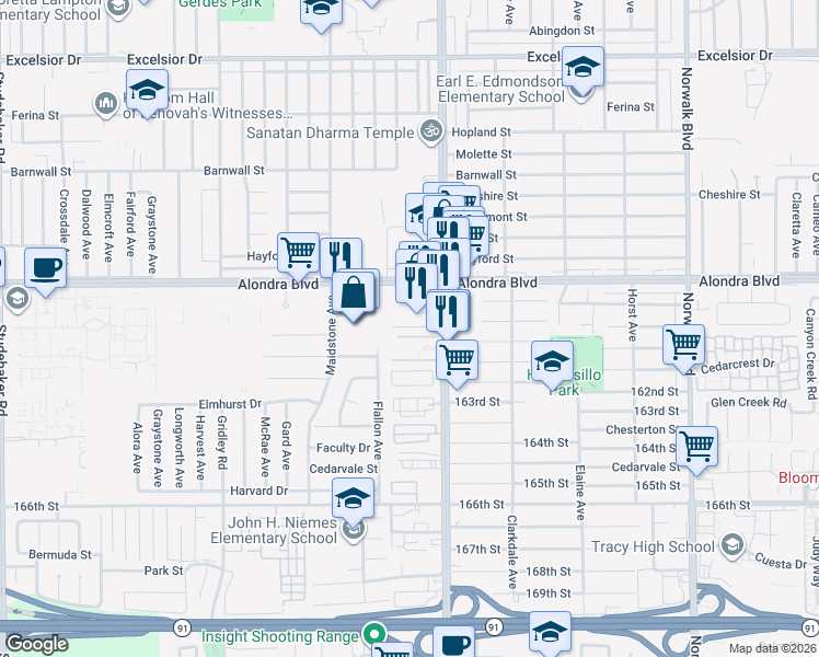map of restaurants, bars, coffee shops, grocery stores, and more near 16009 Pioneer Boulevard in Norwalk