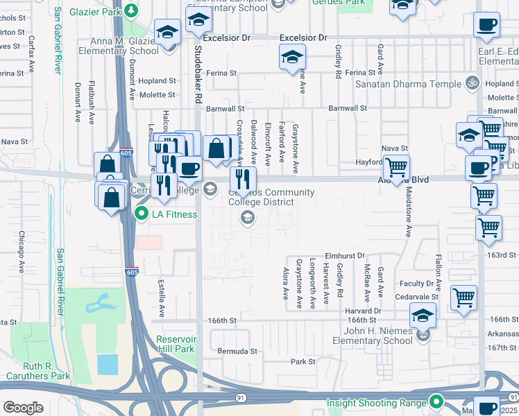 map of restaurants, bars, coffee shops, grocery stores, and more near 11170-11194 Alondra Boulevard in Norwalk