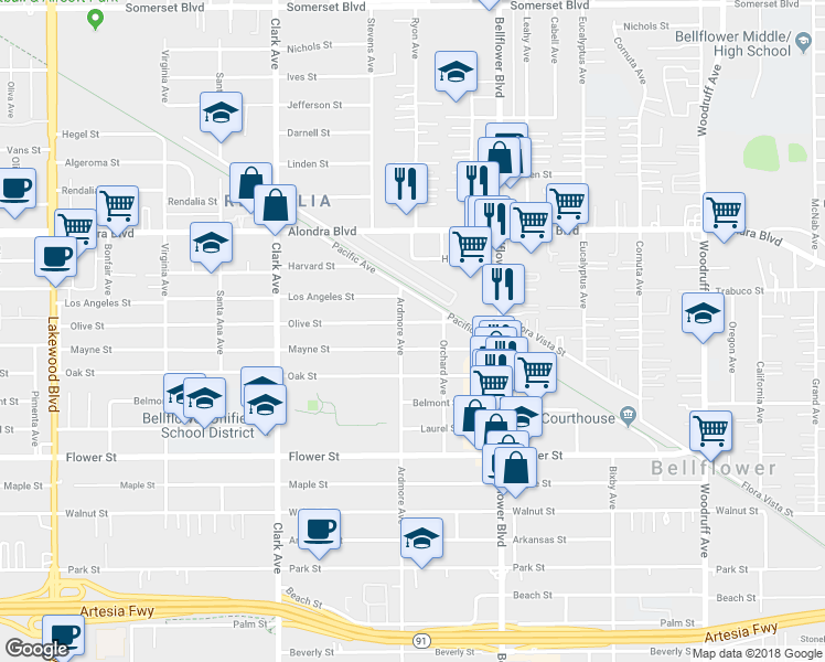 map of restaurants, bars, coffee shops, grocery stores, and more near 9629 Olive Street in Bellflower