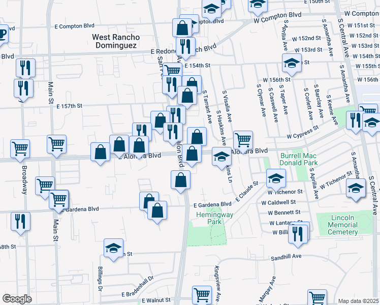 map of restaurants, bars, coffee shops, grocery stores, and more near 621 E Alondra Blvd in Compton