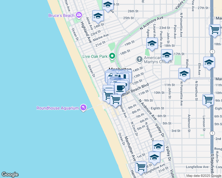 map of restaurants, bars, coffee shops, grocery stores, and more near 316 13th Street in Manhattan Beach