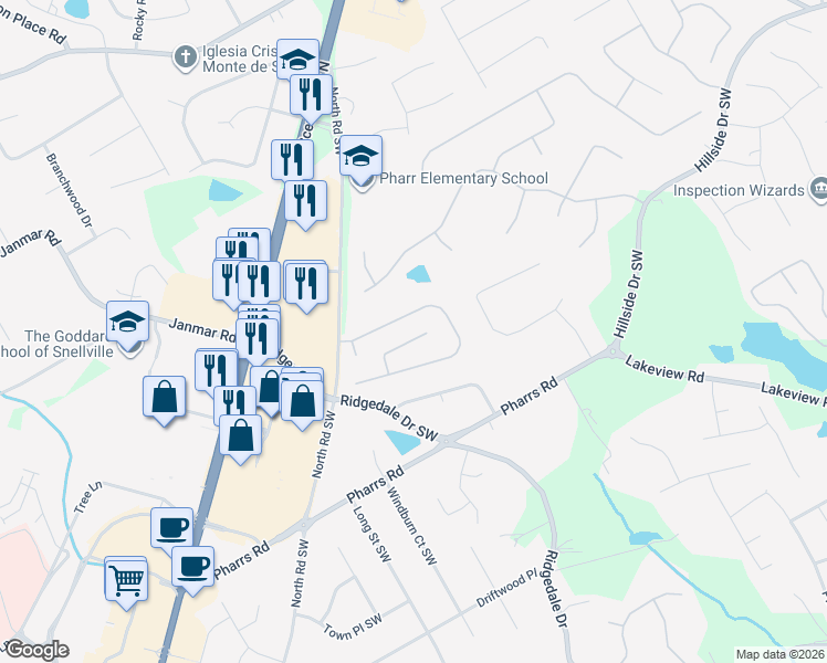 map of restaurants, bars, coffee shops, grocery stores, and more near 1940 Woodberry Run Drive in Snellville