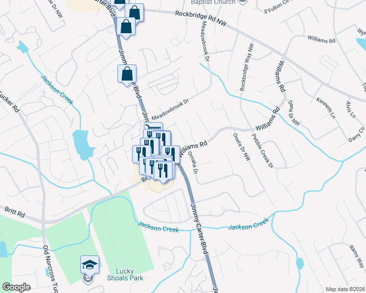 map of restaurants, bars, coffee shops, grocery stores, and more near 855 Omaha Drive in Norcross