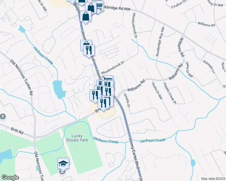 map of restaurants, bars, coffee shops, grocery stores, and more near 6138 Brookechase Lane in Norcross