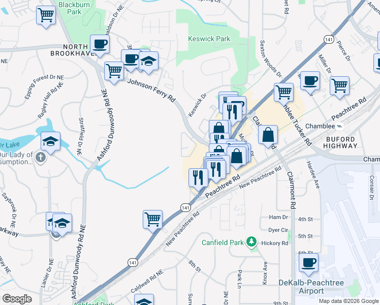 map of restaurants, bars, coffee shops, grocery stores, and more near 2477 Gatebury Circle in Chamblee