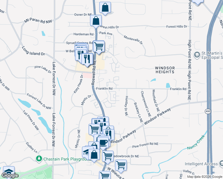 map of restaurants, bars, coffee shops, grocery stores, and more near 410 Summer Terrace Lane Northeast in Atlanta