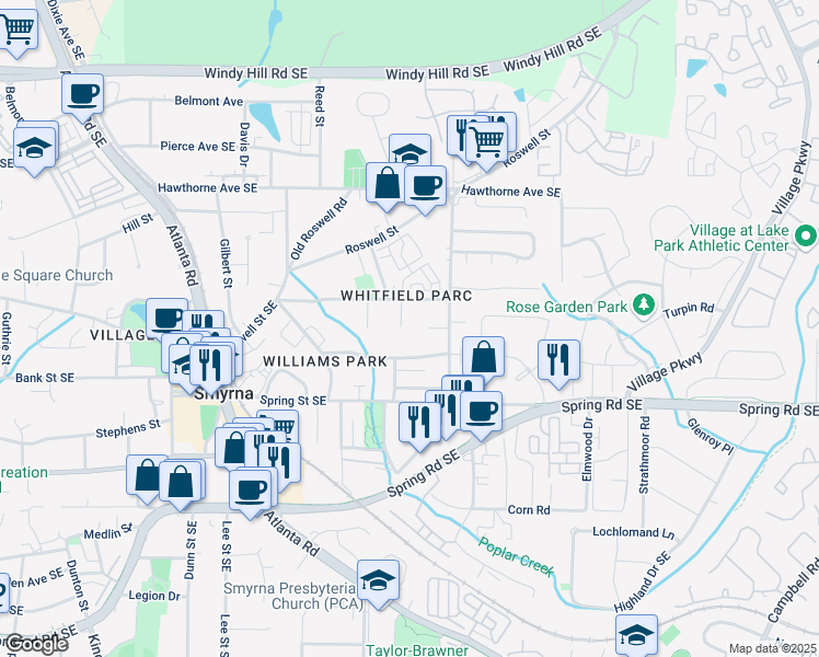 map of restaurants, bars, coffee shops, grocery stores, and more near 1039 Whitfield Court in Smyrna