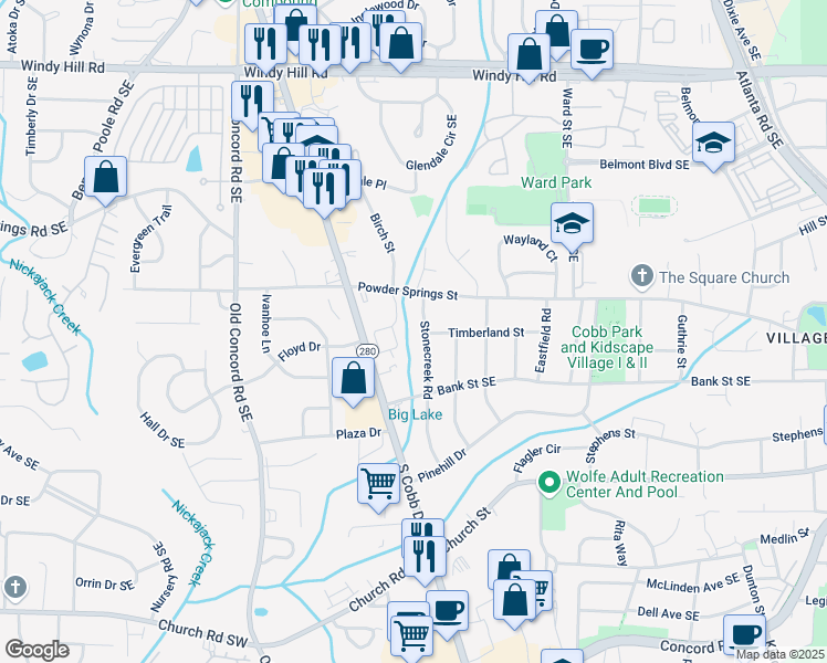 map of restaurants, bars, coffee shops, grocery stores, and more near 2766 Stonecreek Road in Smyrna