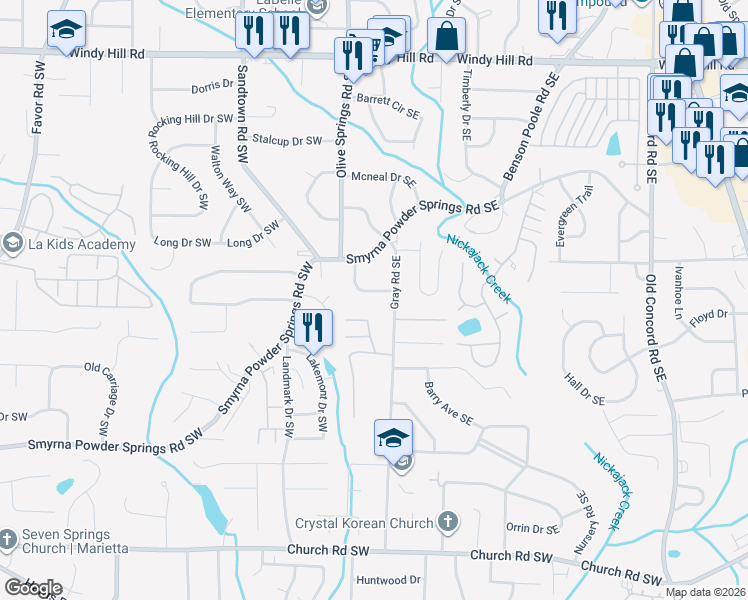 map of restaurants, bars, coffee shops, grocery stores, and more near 51 Overbrook Drive in Smyrna