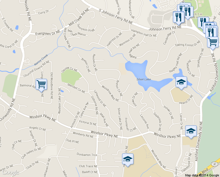 map of restaurants, bars, coffee shops, grocery stores, and more near 3321 Woodrow Way Northeast in Atlanta