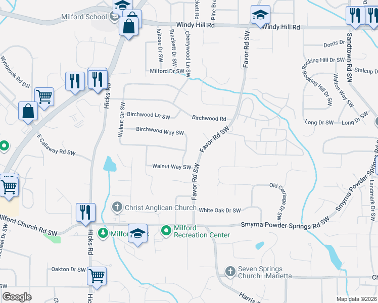 map of restaurants, bars, coffee shops, grocery stores, and more near 2911 Birchwood Way Southwest in Marietta