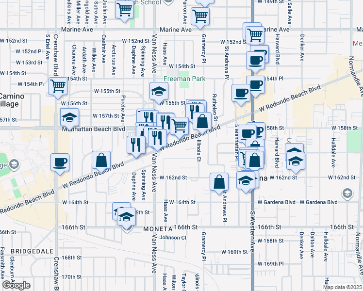 map of restaurants, bars, coffee shops, grocery stores, and more near 2072 Redondo Beach Boulevard in Torrance